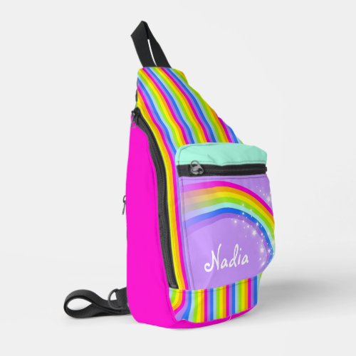 Personalized name rainbow purple kids school sling bag