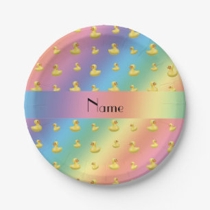 Personalized name rainbow rubber duck pattern paper plates