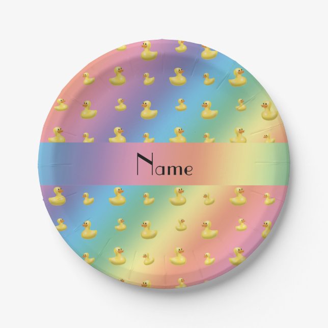 Personalized name rainbow rubber duck pattern paper plates (Front)
