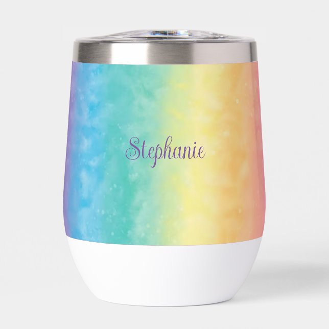 Personalized name Rainbow Script Monogram Thermal Wine Tumbler (Front)
