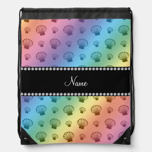 Personalized name rainbow shells drawstring bag