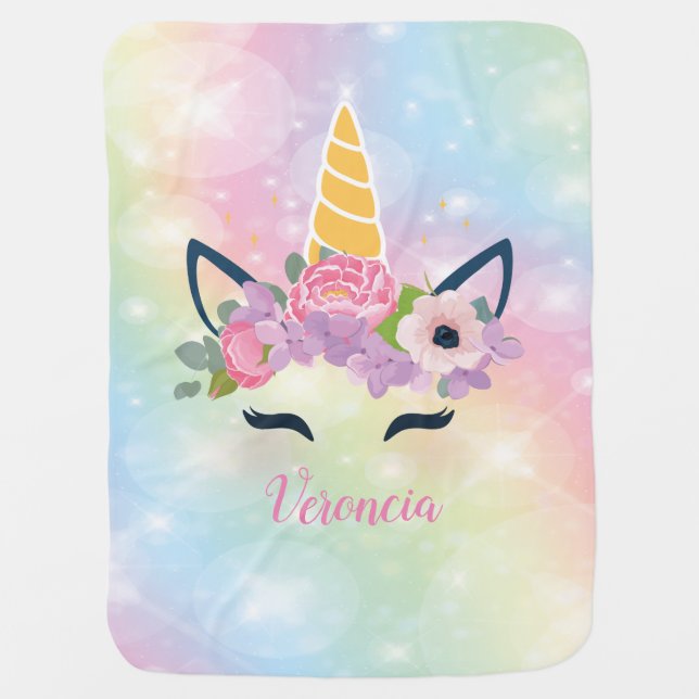 Personalized Name Rainbow Unicorn Baby Blanket (Front)