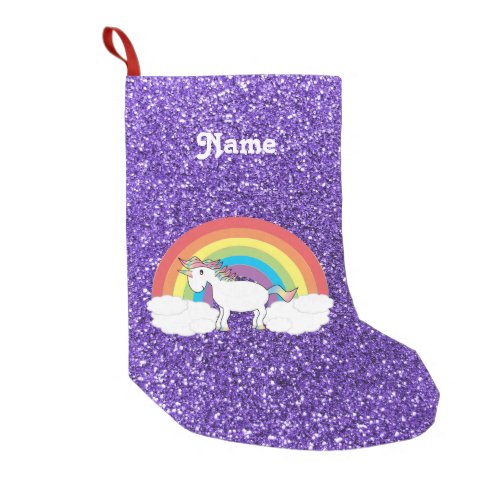 Personalized name rainbow unicorn purple glitter small christmas stocking