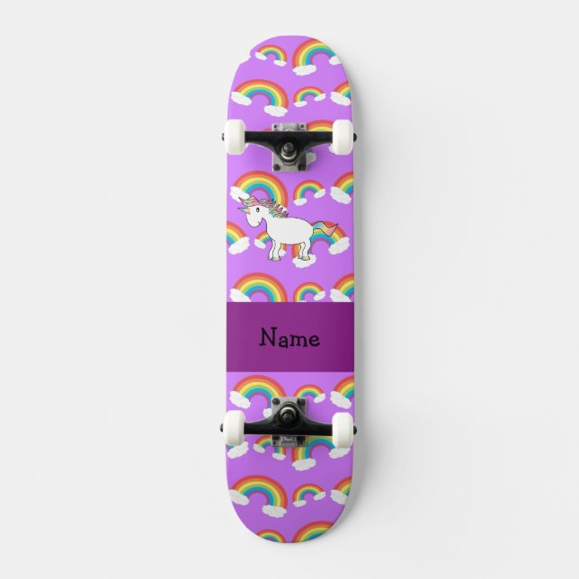 Personalized name rainbow unicorn purple rainbows skateboard deck (Front)