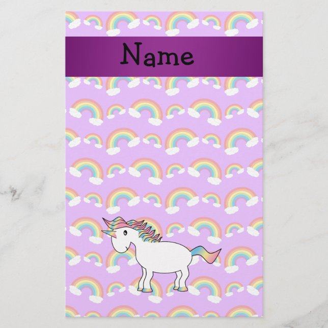 Personalized name rainbow unicorn purple rainbows stationery (Front)