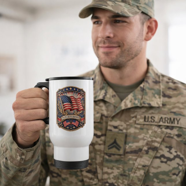 Personalized Name Rank American Flag Travel Mug (Creator Uploaded)