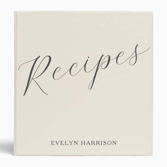 Personalized Name Recipe Keeper Ivory Cream Script 3 Ring Binder (Front)