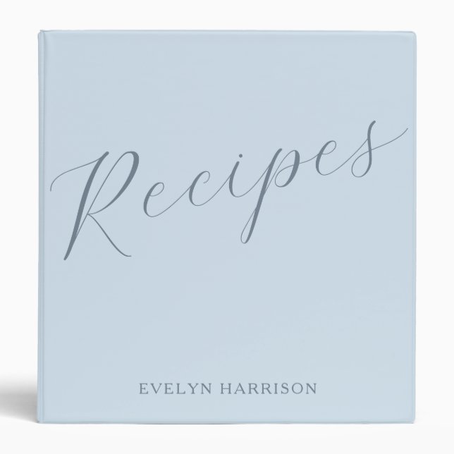 Personalized Name Recipe Keeper Soft Blue Script 3 Ring Binder (Front)