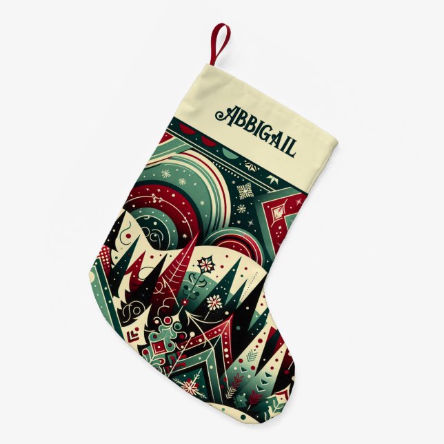 Personalized Name Red and Green Holiday Pattern Small Christmas Stocking (Front (Hanging))
