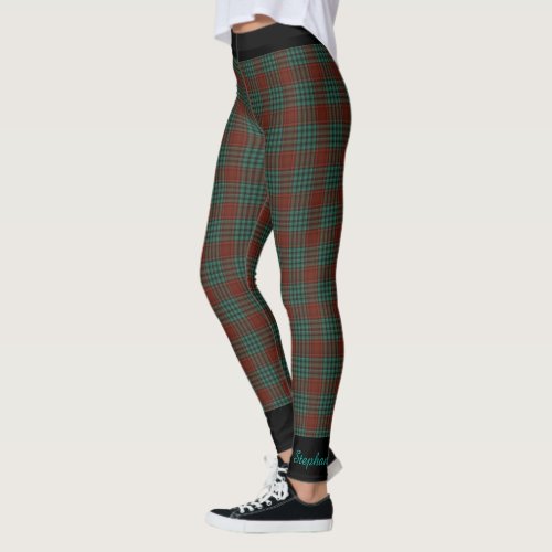 Personalized Name Red and Teal Plaid Black Trim Leggings