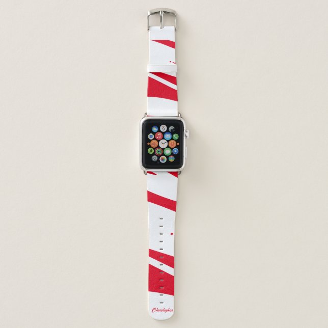 Personalized Name Red and White Candy Cane Print Apple Watch Band (Front)