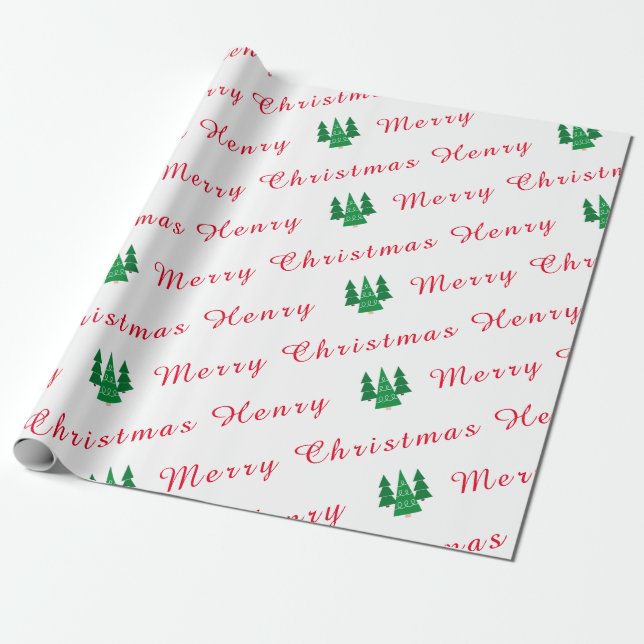 Personalized Name Red and White Merry Christmas Wrapping Paper (Unrolled)