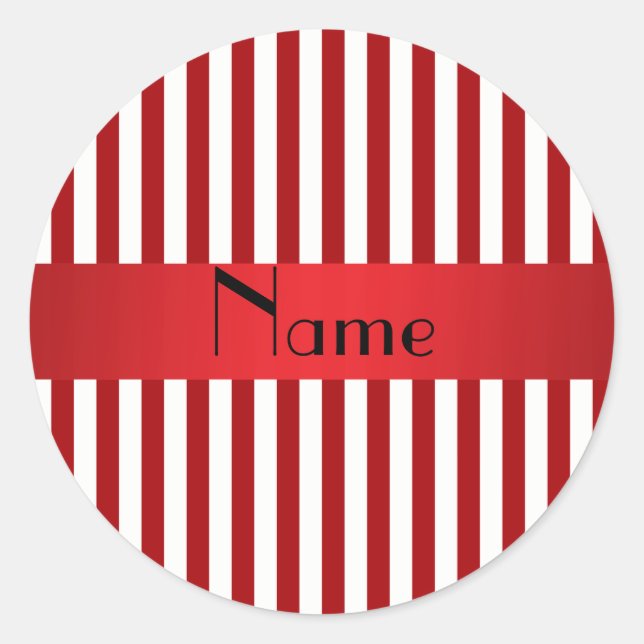 Personalized name red and white stripes classic round sticker (Front)