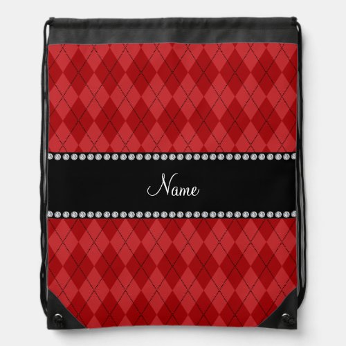 Personalized name red argyle pattern drawstring bag