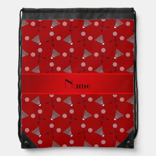 Personalized name red badminton pattern drawstring bag