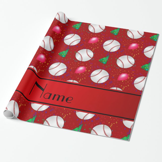 Personalized name red baseball birthday pattern wrapping paper (Unrolled)