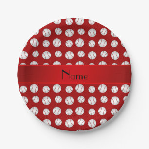 Personalized name red baseballs pattern paper plates