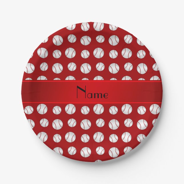 Personalized name red baseballs pattern paper plates (Front)
