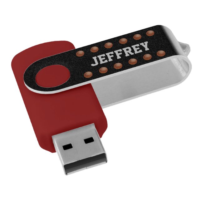 Personalized Name, Red Black Basketball USB Flash Drive (Angled)