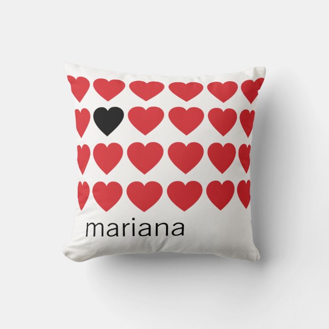 Personalized Name Red Black Hearts Valentines Day Throw Pillow (Front)