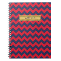 Personalized Name Red & Blue Chevron Faux Gold Notebook