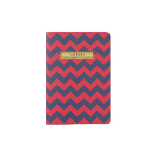 Personalized Name Red & Blue Chevron Faux Gold Passport Holder