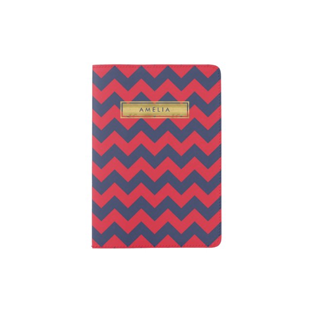 Personalized Name Red & Blue Chevron Faux Gold Passport Holder (Front)