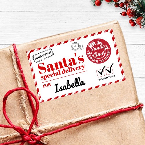 Personalized Name Red Bold Santas Special Delivery Rectangular Sticker