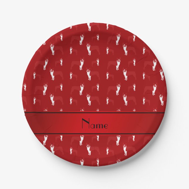 Personalized name red boston terrier paper plates (Front)