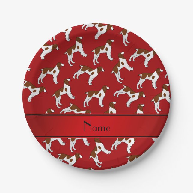Personalized name red brittany spaniel dogs paper plates (Front)