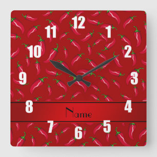 Personalized name red chili pepper square wall clock