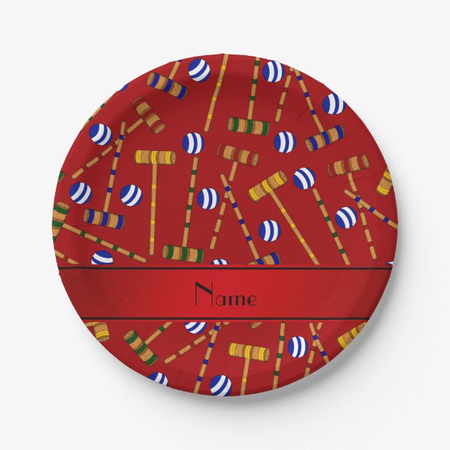 Personalized name red croquet pattern paper plates (Front)