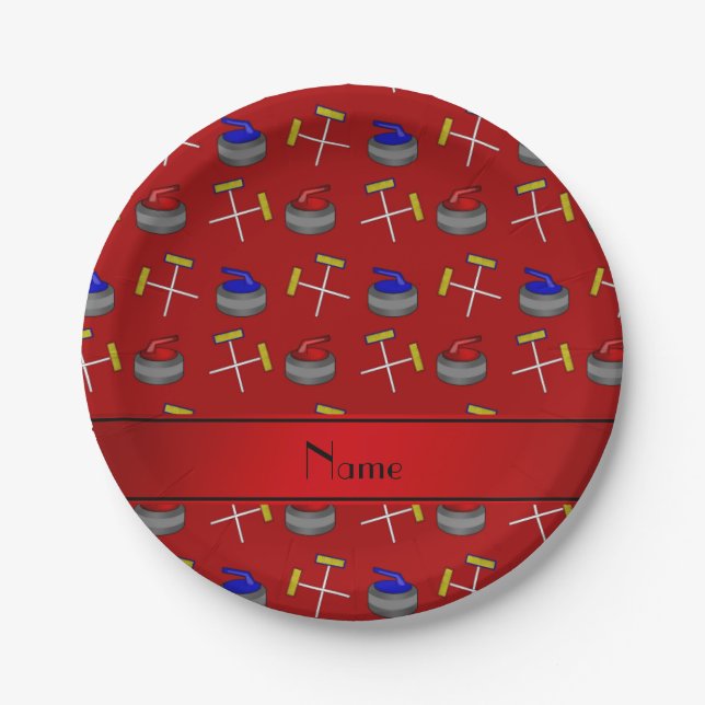 Personalized name red curling pattern paper plates (Front)
