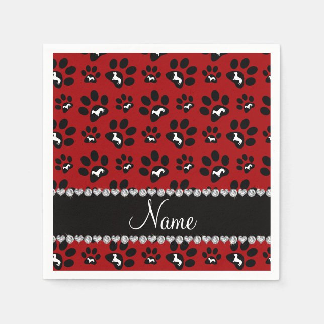 Personalized name red dachshunds dog paws paper napkins (Front)