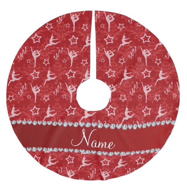 Personalized name red damask gymnastics brushed polyester tree skirt (Front)