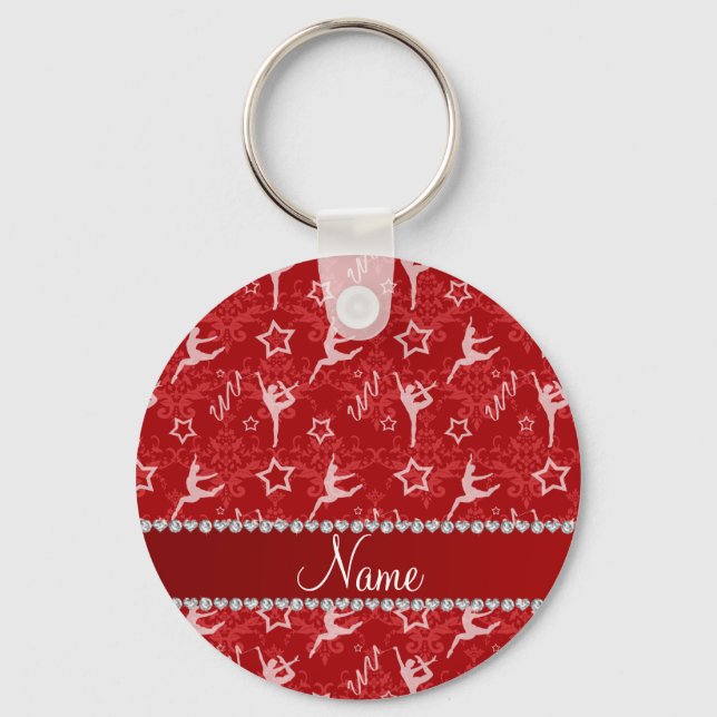 Personalized name red damask gymnastics keychain (Front)