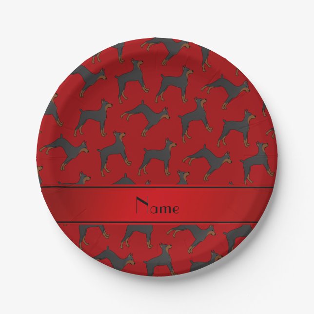 Personalized name red doberman pinschers paper plates (Front)