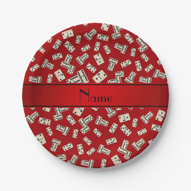 Personalized name red dominos paper plates (Front)