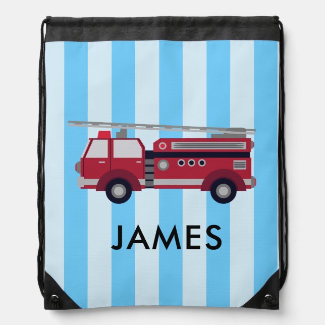 Personalized Name Red Fire truck Drawstring Bag (Front)