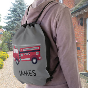 Personalized Name Red Fire truck Drawstring Bag