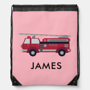 Personalized Name Red Fire truck Drawstring Bag