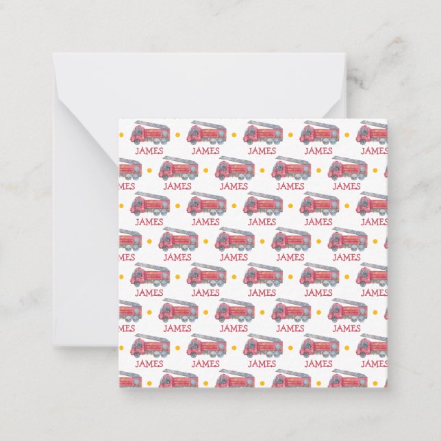 Personalized Name Red Fire truck Party Note Card (Front)