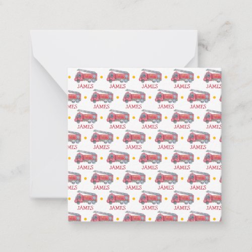 Personalized Name Red Fire truck Party Note Card