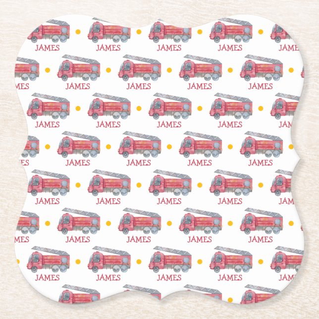 Personalized Name Red Fire truck Party Paper Coaster (Front)