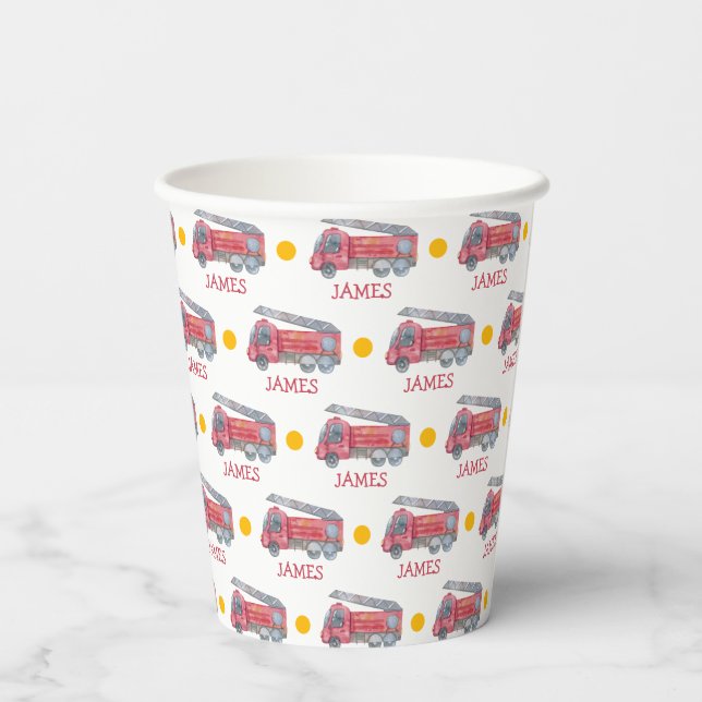Personalized Name Red Fire truck Party Paper Cups (Back)