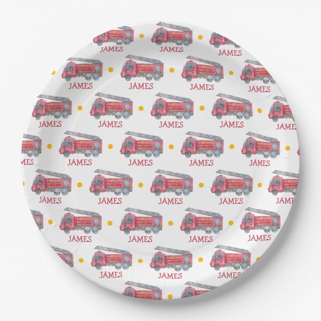 Personalized Name Red Fire truck Party Paper Plates (Front)