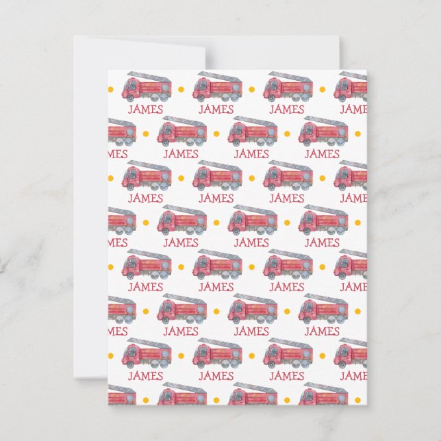 Personalized Name Red Fire truck Party RSVP Card (Front)