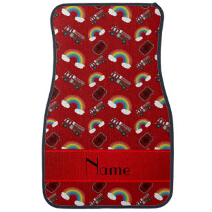 Personalized name red fire trucks rainbows car floor mat