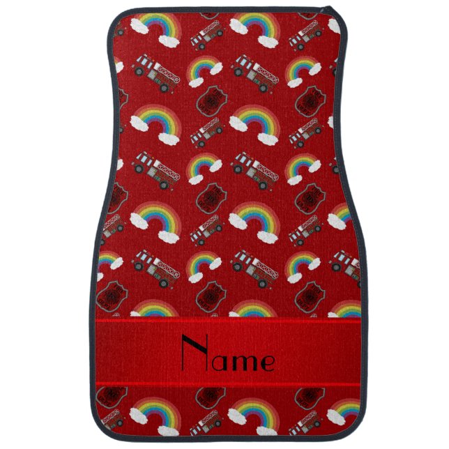 Personalized name red fire trucks rainbows car floor mat (Front)