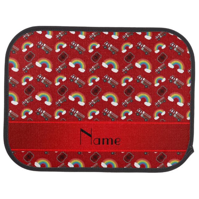Personalized name red fire trucks rainbows car floor mat (Rear)